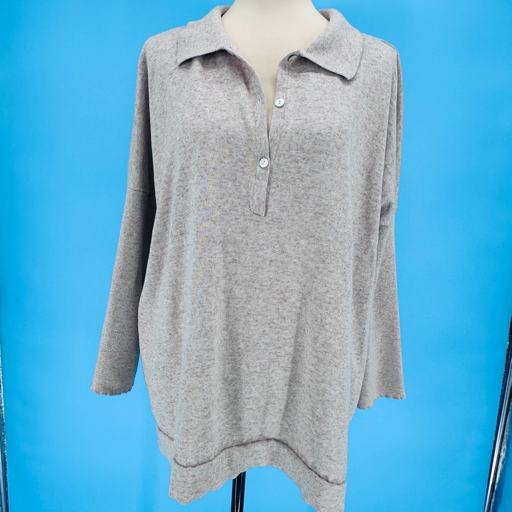 Tuckernuck Womens XL/XXL Tencel Linen Oversized Polo Sweater Heather Tan Oatmeal